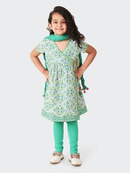 Fabindia - Teal Cotton Printed Churidar (Set of 3)