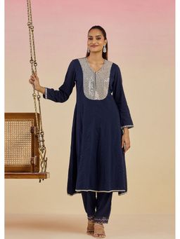 Lakshita - Women's Navy Blue V-Neck Embroidered Kurta with Pant