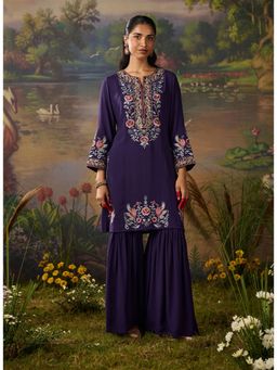 Lakshita - Women's Purple Round Neck Embroidered Kurta with Sharara