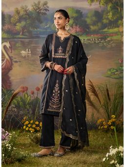 Lakshita - Womens Black Round Neck Embroidered Kurta with Pant and Dupatta