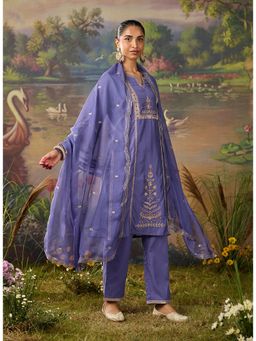 Lakshita - Women's Lavender Round Neck Embroidered Kurta with Pant and Dupatta
