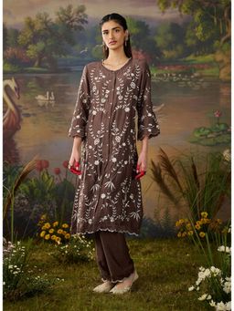 Lakshita - Women's Brown Round Neck Embroidered Kurta with Pant