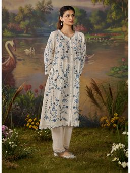 Lakshita - Women's Ivory Round Neck Embroidered Kurta with Pant