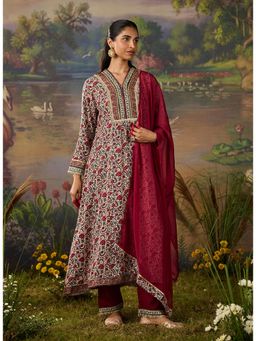 Lakshita - Women's Maroon V-Neck Floral Kurta with Pant and Dupatta