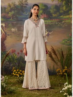 Lakshita - Women's Ivory V-Neck Embroidered Kurta with Sharara