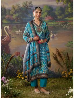 Lakshita - Women's Teal Mandarin Neck Floral Kurta with Pant and Dupatta