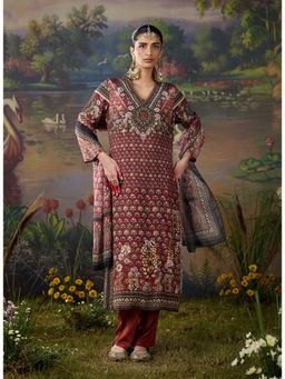Lakshita - Women's Wine Mandarin Neck Floral Kurta with Pant and Dupatta