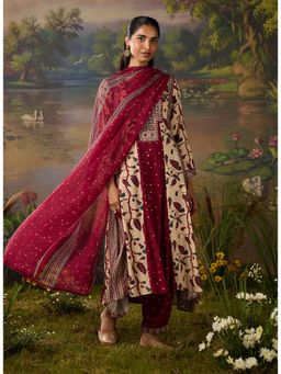 Lakshita - Womens Maroon Round Neck Embroidered Kurta with Pant and Dupatta