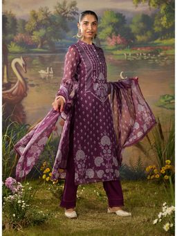 Lakshita - Women's Purple Mandarin Neck Printed Kurta with Pant and Dupatta