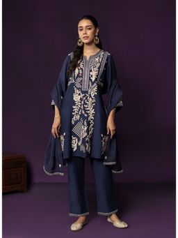 Lakshita - Womens Blue Round Neck Embroidered Kurta with Pant and Dupatta