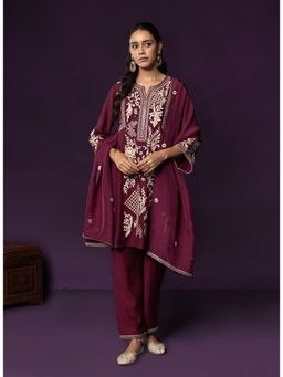 Lakshita - Women's Wine Round Neck Embroidered Kurta with Pant and Dupatta