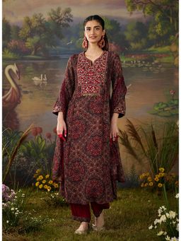 Lakshita - Womens Red Round Neck Embroidered Kurta with Pant and Dupatta
