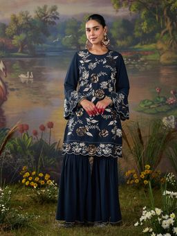 Lakshita - Women's Navy Blue Round Neck Embroidered Kurta with Sharara