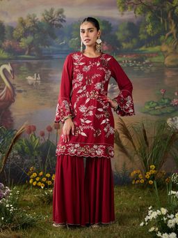 Lakshita - Women's Red Round Neck Embroidered Kurta with Sharara