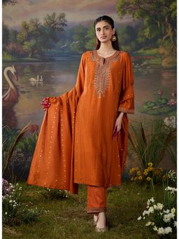 Lakshita - Women's Orange Round Neck Embroidered Kurta with Pant and Dupatta