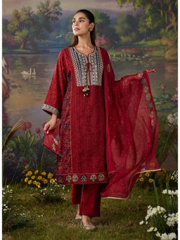 Lakshita - Women's Red Round Neck Embroidered Kurta with Pant and Dupatta