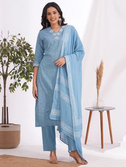 Kami Kubi - Women's Blue Cotton Embroidered Kurta with Pant and Dupatta