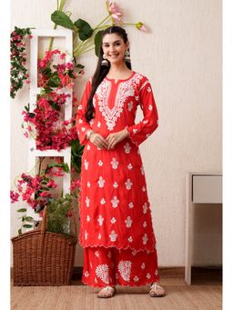 SYRISH - Red Modal Hand Embroidered Chikankari Cutwork Kurta with Palazzo