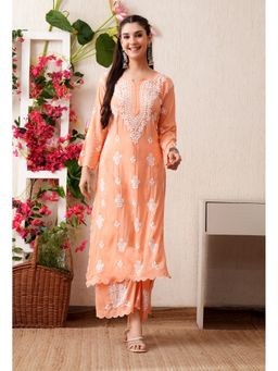 SYRISH - Peach Modal Hand Embroidered Chikankari Cutwork Kurta with Palazzo