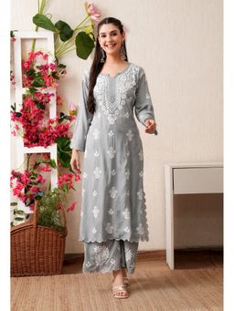 SYRISH - Grey Modal Hand Embroidered Chikankari Cutwork Kurta with Palazzo