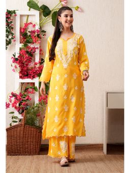 SYRISH - Yellow Modal Hand Embroidered Chikankari Cutwork Kurta with Palazzo