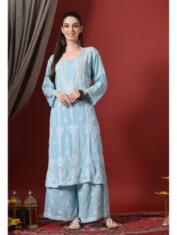 SYRISH - Green Modal Hand Embroidered Chikankari Cutwork Kurta with Palazzo