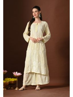 SYRISH - Soft Yellow Hand-Embroidered Modal Chikankari Kurta with Palazzo