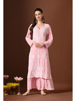 SYRISH - Blush Pink Hand-Embroidered Chikankari Modal Kurta with Palazzo