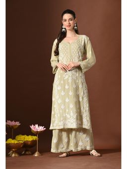 SYRISH - Green Modal Hand-Embroidered Lucknowi Chikankari Kurta with Palazzo