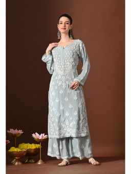 SYRISH - Soft Grey Modal Chikankari Embroidered Kurta with Palazzo