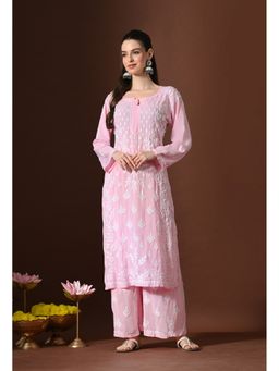 SYRISH - Blush Pink Modal Hand-Embroidered Chikankari Kurta with Palazzo