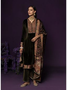 Lakshita - Women's Olive V-Neck Embroidered Kurta with Pant and Dupatta