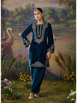 Lakshita - Women's Teal Round Neck Embroidered Kurta with Salwar