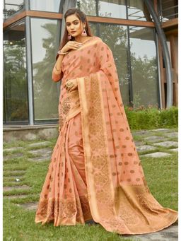 Sangam Prints - Peach Woven Work Traditional Saree with Unstitched Blouse