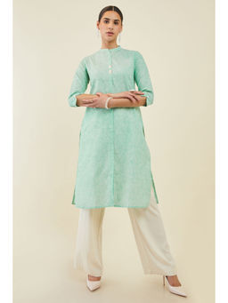 Soch - Women Green Linen Straight Kurta With Shell Button Embellishments