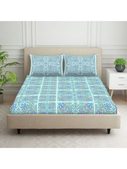 SPACES - Bold Boho 100% Cotton 132 TC Blue 1 Bedsheet with 2 Pillow Covers (Queen)