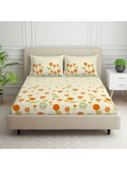 SPACES - Phuleri 100% Cotton 144 TC Yellow 1 Bedsheet with 2 Pillow Covers (Queen)