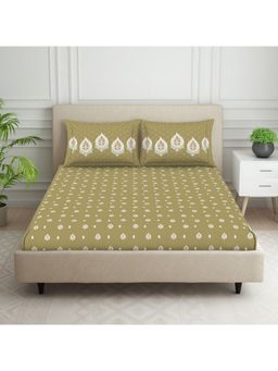 SPACES - 100% Cotton 144 TC Olive 1 Fitted Bedsheet with 2 Pillow Covers (King)