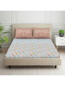 SPACES - 100% Cotton 144 TC Light Blue 1 Fitted Bedsheet with 2 Pillow Covers (King)