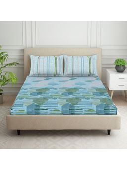 SPACES - 100% Cotton 144 TC Light Blue 1 Fitted Bedsheet with 2 Pillow Covers (King)