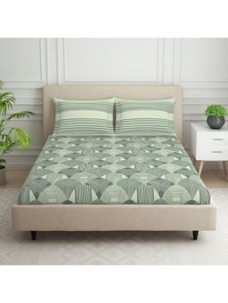 SPACES - Strokes 100% Cotton 144 TC Green 1 Bedsheet with 2 Pillow Covers (King)