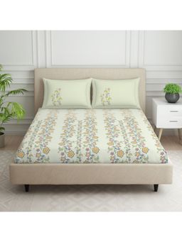 SPACES - Savoire 100% Cotton 144 TC Green 1 Bedsheet with 2 Pillow Covers (King)