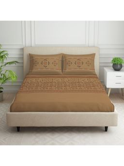 SPACES - Tribal Grid 100% Cotton 144 TC Brown 1 Bedsheet with 2 Pillow Covers (King)