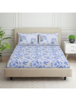 SPACES - Strokes 100% Cotton 144 TC Blue 1 Bedsheet with 2 Pillow Covers (King)