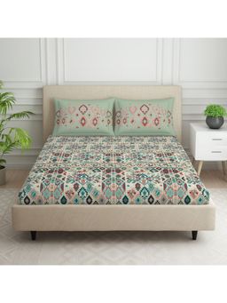SPACES - Tribal Grid 100% Cotton 144 TC Sea Green 1 Bedsheet with 2 Pillow Covers (King)