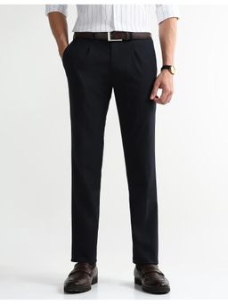 Arrow Newyork - Mens Solid Twill Pleated Formal Trousers - Navy Blue