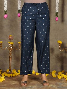 ARAMYA - Blue Romen Silk Gold Foil Pants for Women