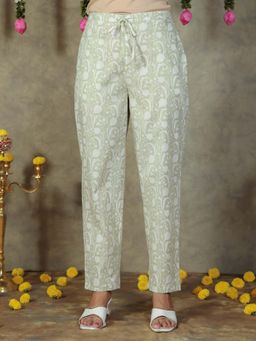 ARAMYA - Off White Soft Cotton Floral Pants for Women