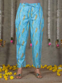 ARAMYA - Blue Soft Cotton Abstract Pants for Women