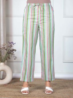 ARAMYA - Green Soft Cotton Striped Pants for Women